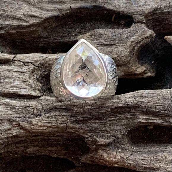 Sterling Silver and Clear Quartz Ring by RCI Size 5 Hammered Band - Picture 3 of 6